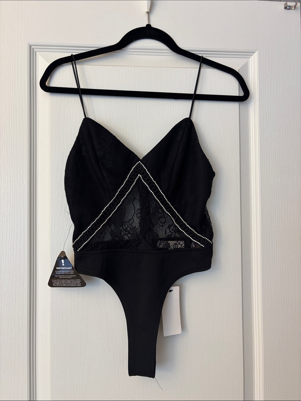 NWT Rare London Black Lace & Rhinestone Bodysuit